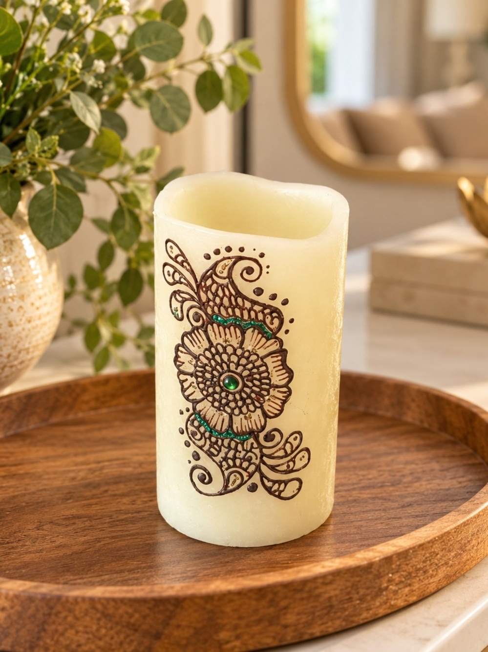 Henna-Painted Ivory Floral LED Candle - Decorative Home Accent